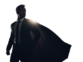 Isolated Silhouette of a Man in a Suit with a Flowing Cape