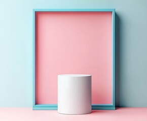 Abstract 3D scene with a white cylinder and a blue frame with pink background