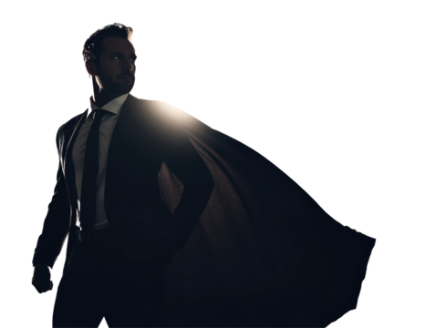Isolated Silhouette of a Man in a Suit with a Flowing Cape - Powered by Adobe