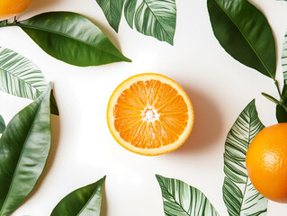 A halved orange with green leaves around it, fresh and vibrant, with a white background 