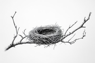 A detailed pencil drawing of an empty bird's nest on a branch, against a white background
