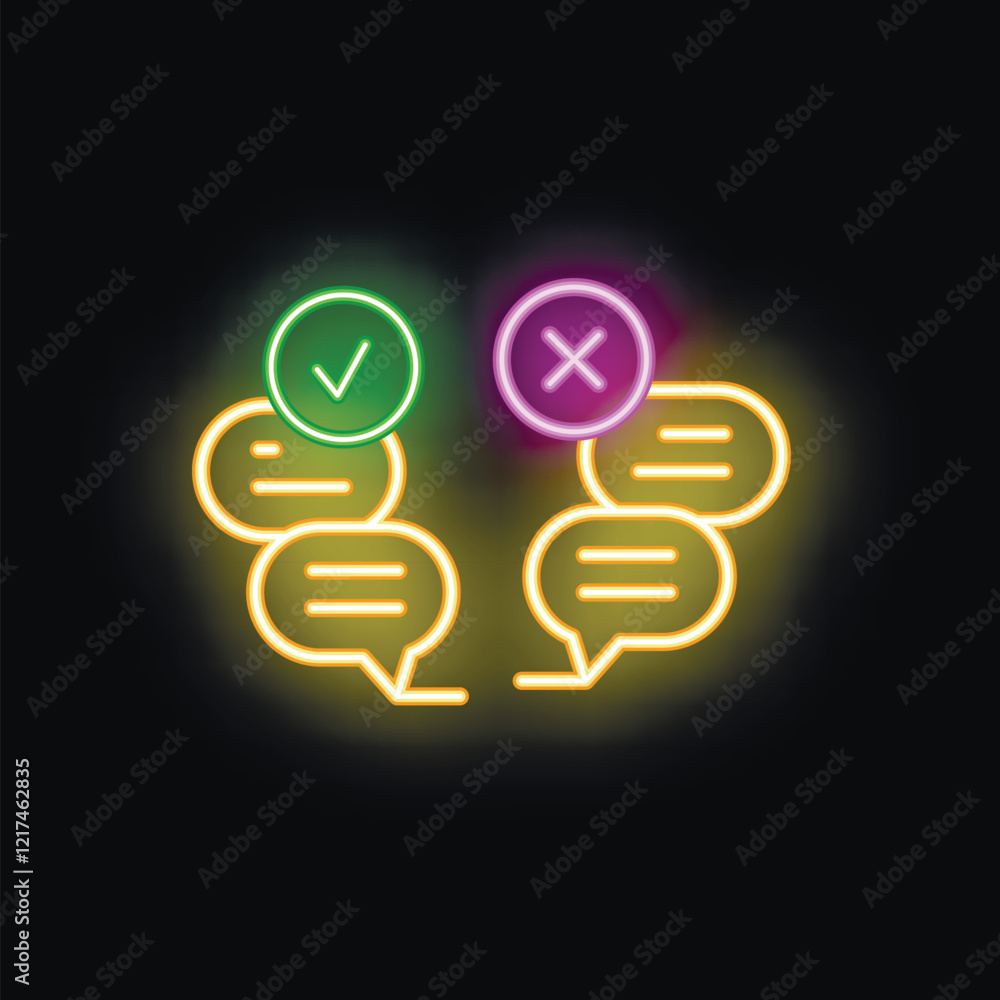 Poster neon icon illustrating the pros and cons of a decision with speech bubbles and check and cross marks