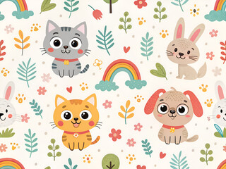 Naklejka premium Cute animal pattern featuring cats, dogs, rabbits, and colorful nature elements
