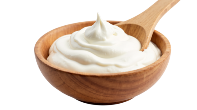 Creamy Sour Cream in a Wooden Bowl With a Spoon Isolated on a Transparent Background (PNG).