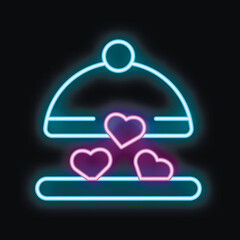 Neon icon of a restaurant cloche opening, releasing pink hearts on a black background