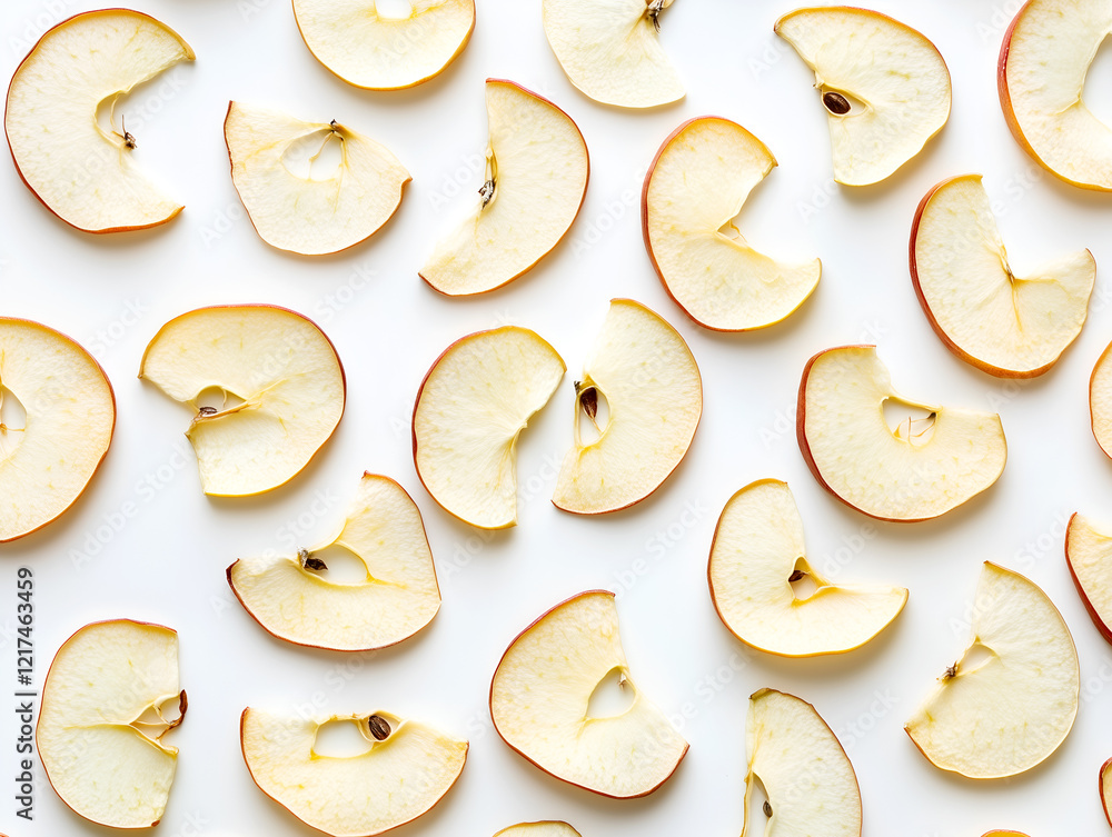 Poster dried apple slices arranged in a minimalist pattern creating a flatlay composition with natural text