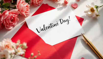 Romantic Valentine's Day Card: Pink Roses and Red Envelope