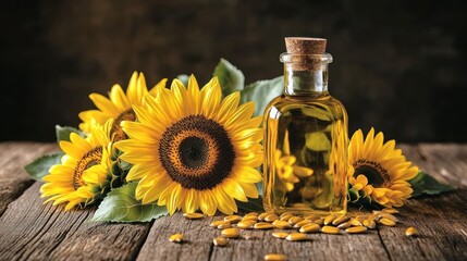 Rustic table, sunflowers, oil bottle, seeds, harvest