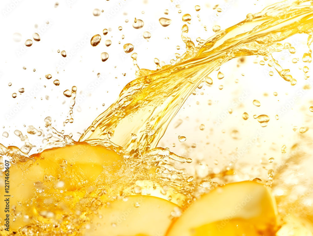 Poster refreshing splash of orange juice flowing over juicy orange slices creating a vibrant and appetizing