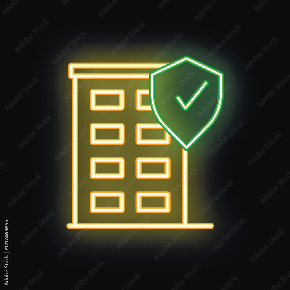 Poster neon sign of a green shield with a check mark hovering over an office building symbolizing security 