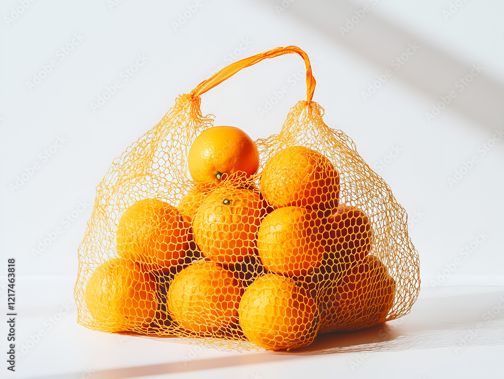 Poster a bag of fresh oranges in a net bag, vibrant and juicy, ready to be enjoyed, bathed in soft light cr
