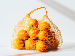 A bag of fresh oranges in a net bag, vibrant and juicy, ready to be enjoyed, bathed in soft light creating a simple yet appealing still life