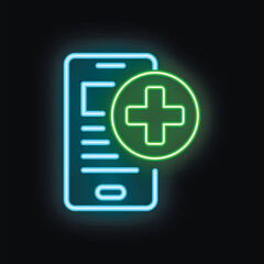 Neon glowing icon of a medical cross over a smartphone screen representing online medicine