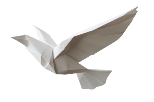 White origami of a bird flying. Transparent background
