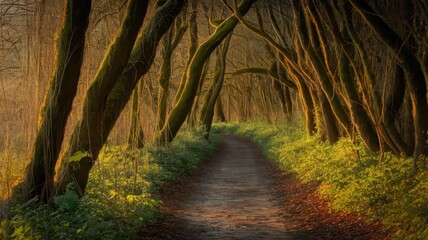 Obraz premium A serene pathway meanders through a lush forest under dramatic light, with twisting trees casting enchanting shadows along the way.