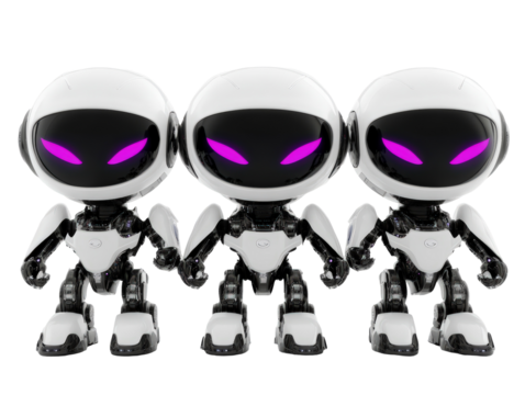 Isolated Three White Robot Figures with Purple Eyes
