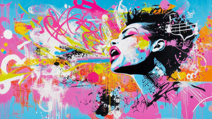 Abstract Expressionist Portrait of a Woman Singing, Vibrant Colors and Dynamic Composition
