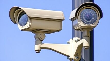 Surveillance camera on wall. Security concept background.