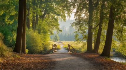 A tranquil landscape featuring a wooden bridge over a serene path surrounded by lush green trees and soft morning light.