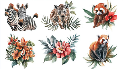 "vibrant watercolor safari and jungle animal art featuring zebra hyena red panda tropical flowers in nursery printable wildlife and floral designs for modern home decor"