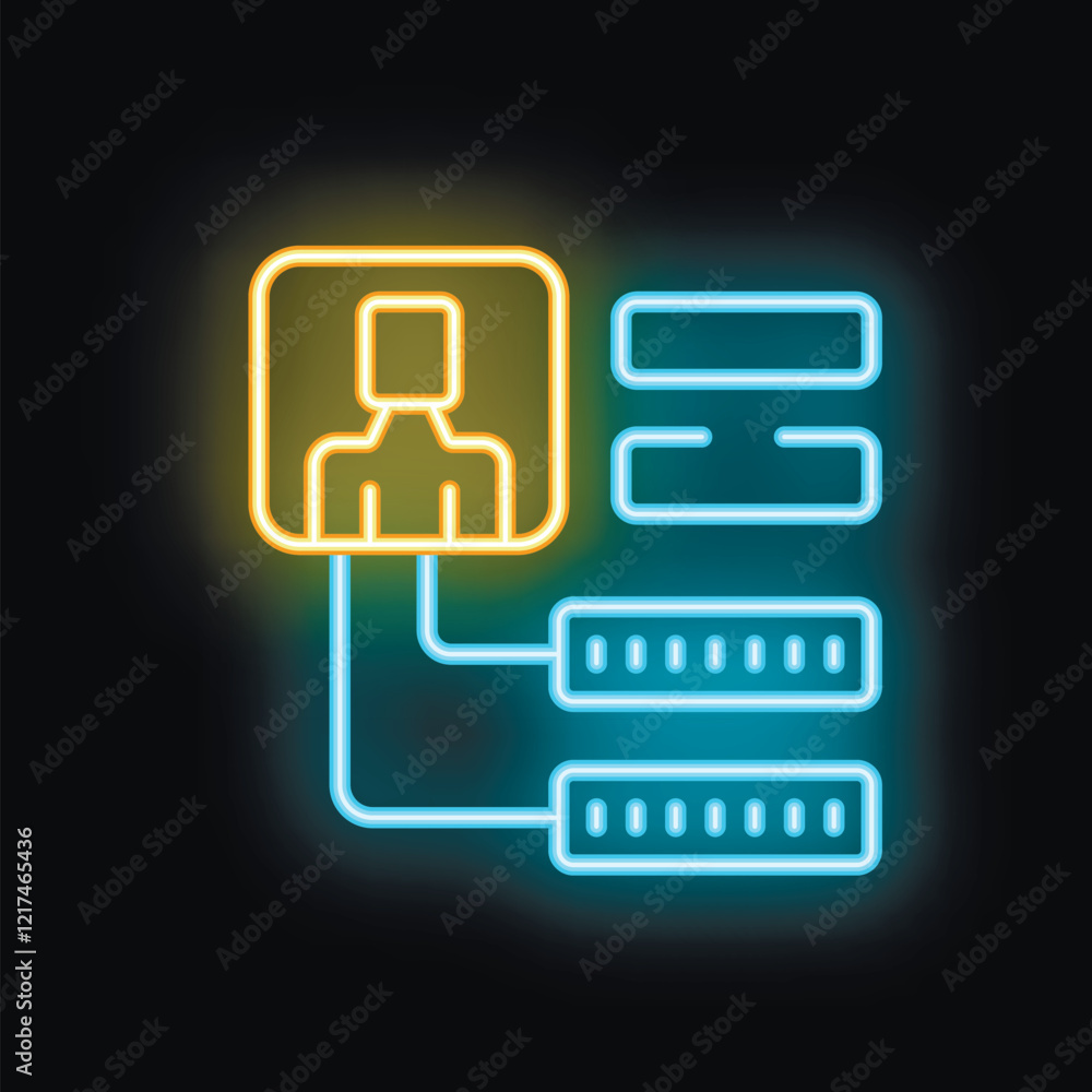 Poster neon style icon illustration representing a user accessing data servers, suitable for websites or ap