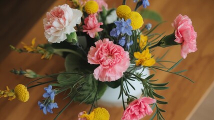 A vibrant bouquet of pink and white carnations, yellow billy buttons, and blue flowers elegantly arranged in a white vase on a wooden surface.