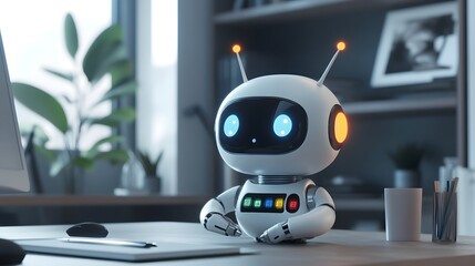 Adorable 3D Assistant with Colorful Buttons and Display Screen Face in Modern Home Office