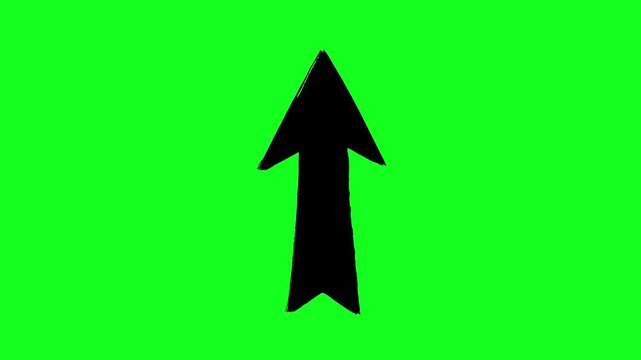Animated black arrow pointing up, moving in a rough stop motion style. The hand-drawn effect gives it a dynamic, sketchy look. Isolated on a green chroma key background, ideal for overlaying 