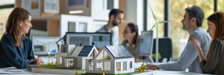 Architects collaborate on sustainable home design in a modern office, focusing on ecofriendly features like solar panels. Teamwork includes planning, designing, and engineering green buildings