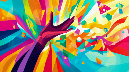 Obraz premium Reaching for Abstract Colorful Shapes: A Vibrant Hand in Motion