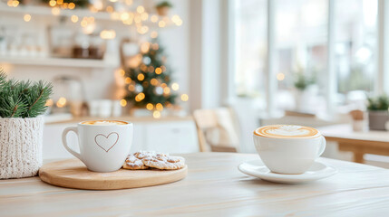 Fototapeta premium Cozy Coffee Break: Festive Latte Art and Cookies in a Winter Cafe