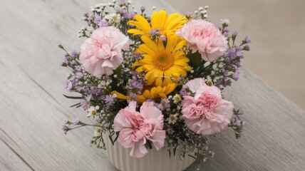 Obraz premium A vibrant floral arrangement featuring pink carnations, yellow gerbera daisies, and delicate purple flowers, set against a soft wooden background.