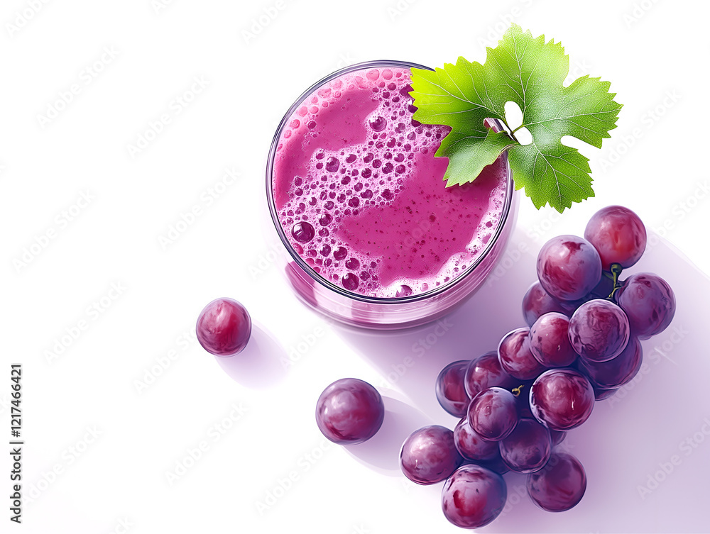 Poster refreshing grape smoothie with red grapes and leaves