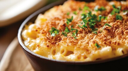 Delicious baked macaroni and cheese with crispy breadcrumb topping for comfort food lovers