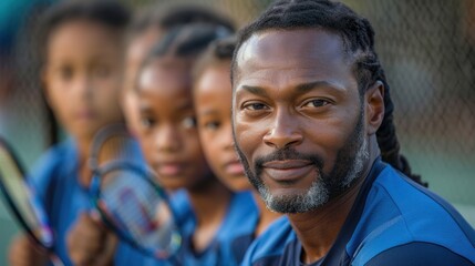 Fototapeta premium African American Coaches Tennis coach with group of young players on outdoor court
