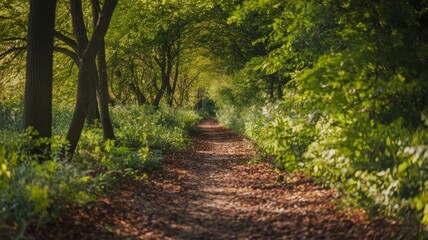 A tranquil path through a lush green forest, adorned with vibrant foliage and soft sunlight filtering through the canopy.