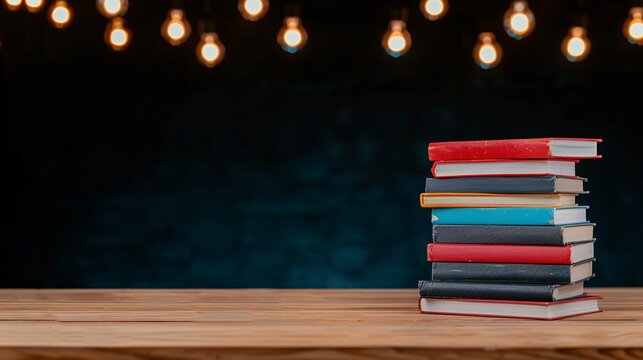 stack of colorful books on wooden table with vintage lights background