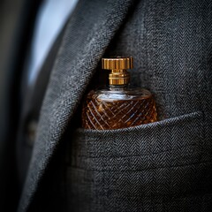 Close-up of a man holding a cologne bottle in a suit pocket.