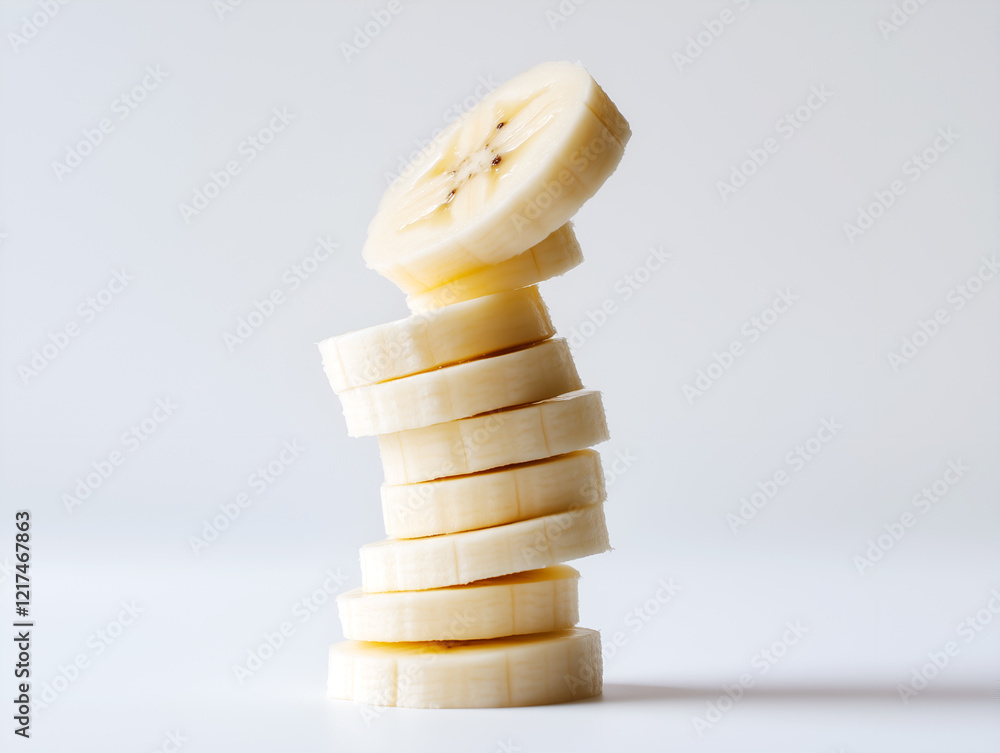 Poster a tower of perfectly sliced banana slices stacked on top of each other against a light background cr