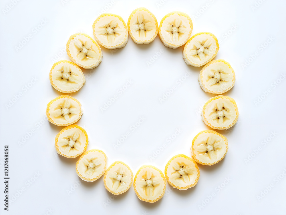 Poster banana slices arranged in a circle creating a frame on a neutral background perfect for adding text 