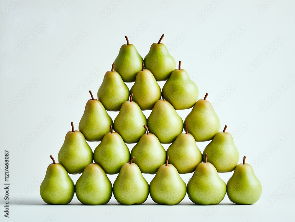 Poster a geometric pattern of green pears arranged in a triangular shape, capturing a minimalist and visual