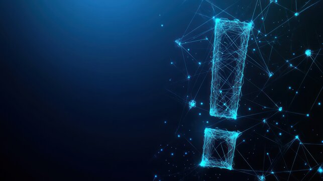 Abstract polygonal exclamation mark on dark blue background.