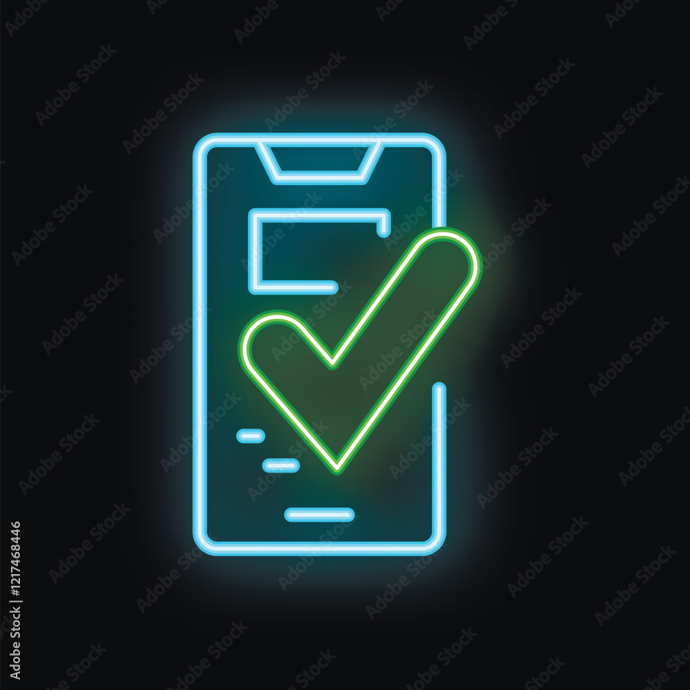 Poster glowing neon icon representing a smartphone with a validated checklist, symbolizing successful compl