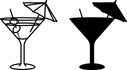 Cocktail Icons. Black and White Vector Icons. Cocktail Glass, Olives, and Umbrella. Festive Drink. Brazilian Carnival Concept