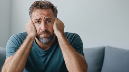 Obraz premium Emotional man with a beard looking distressed while sitting on a couch, expressing feelings of frustration and anxiety