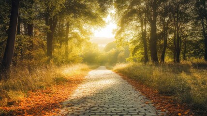 Fototapeta premium A serene pathway through a sunlit forest, adorned with autumn leaves, creating a peaceful atmosphere perfect for a tranquil stroll.