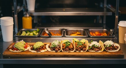 Street Taco Stand, Freshly Grilled Meats, Colorful Toppings, Mexican Street Food, Culinary Illustration