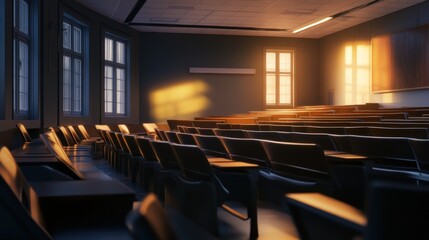 Empty lecture hall with warm sunset light.