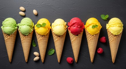 Selection of Gelato Scoops in Waffle Cones with Vibrant Colors