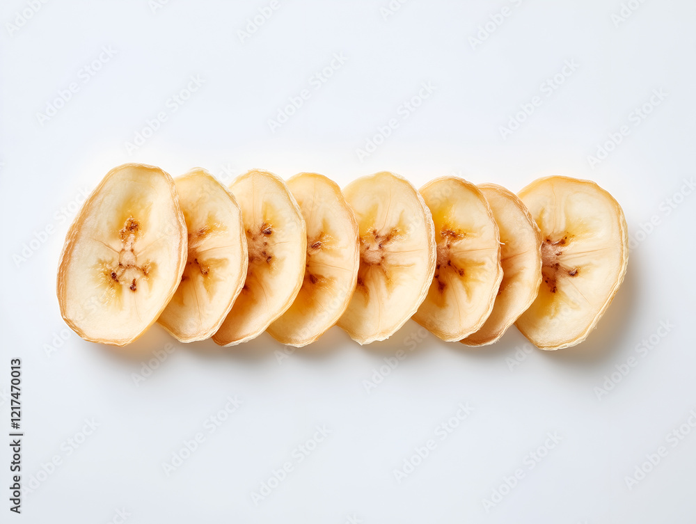 Poster dehydrated banana slices arranged in a row on a surface, showing their texture and color, offering a